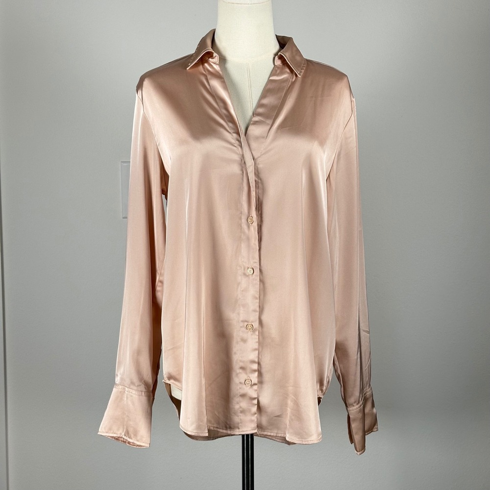 H&M Women's Satin V-Neck Button Up Blouse Powder Pink S Office Quiet Luxury EUC